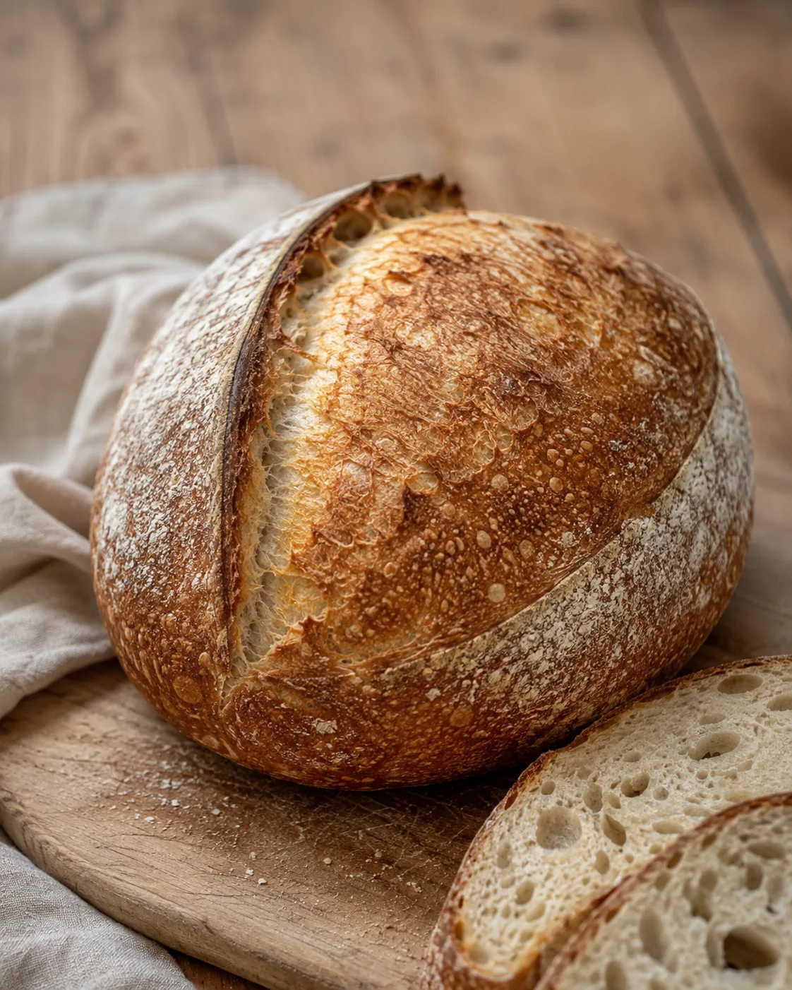 A rustic country sourdough loaf on a wooden board