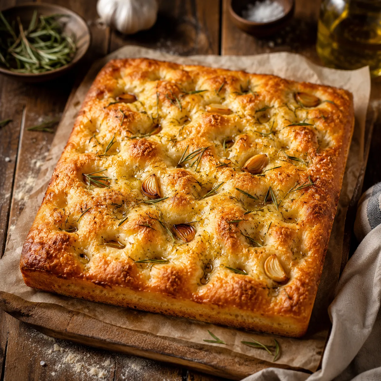 A garlic rosemary Parmesan focaccia on a rustic board