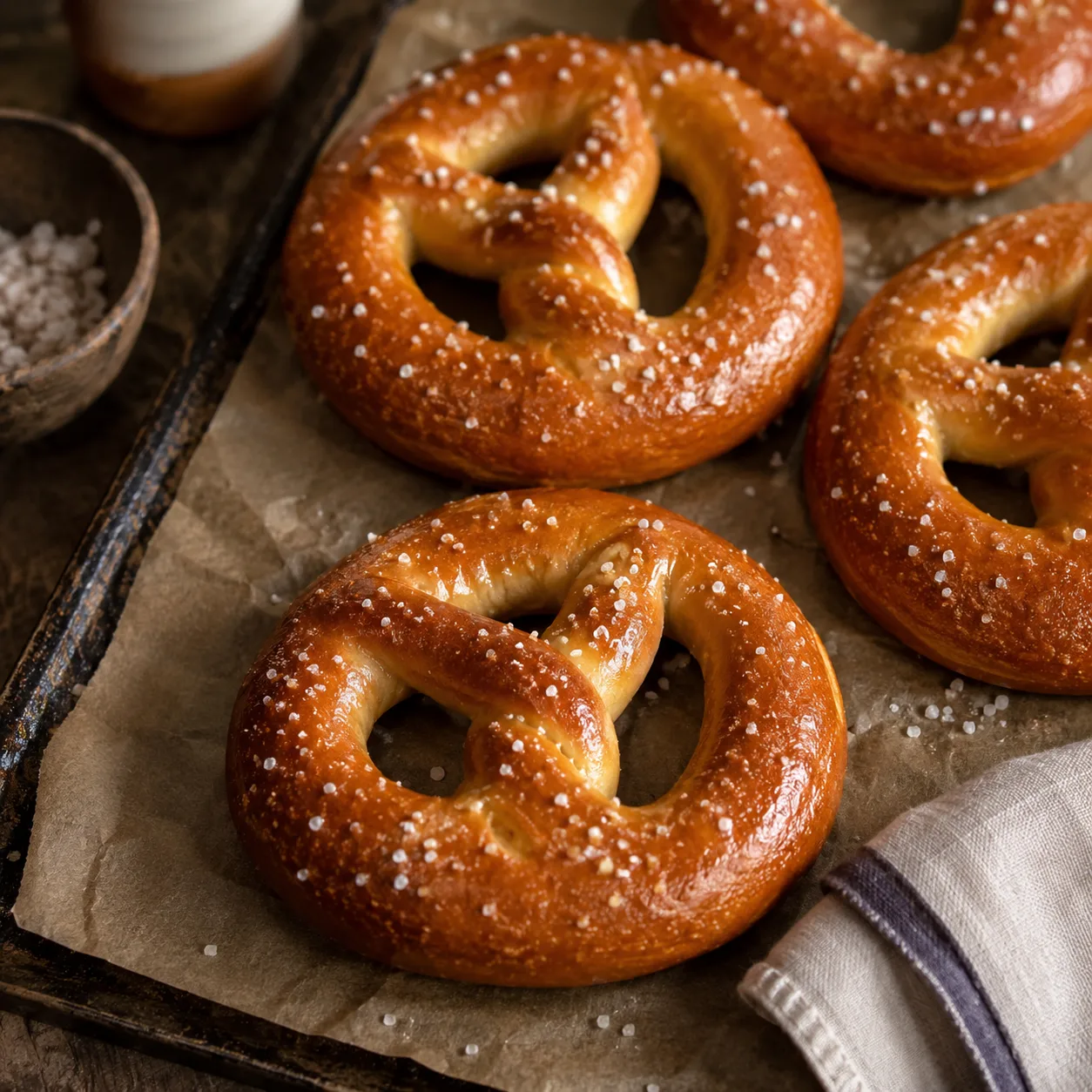 Golden soft pretzels on a rustic surface
