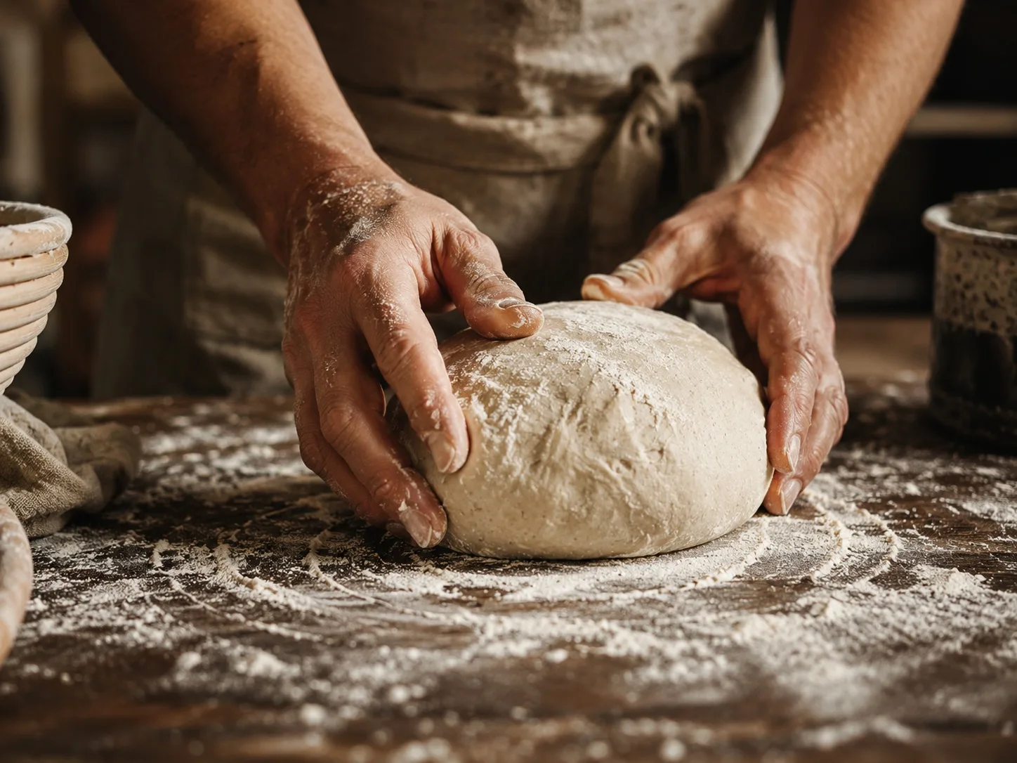 Hands shaping bread dough on a floured workbench